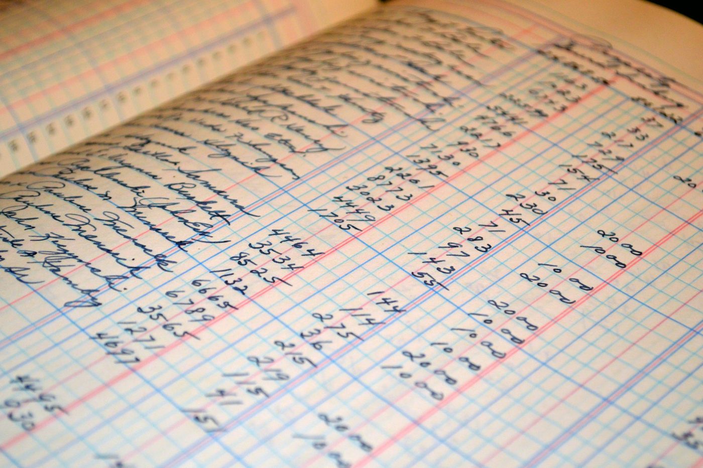 Libro de registro manuscrito con nombres y cifras anotadas a mano.